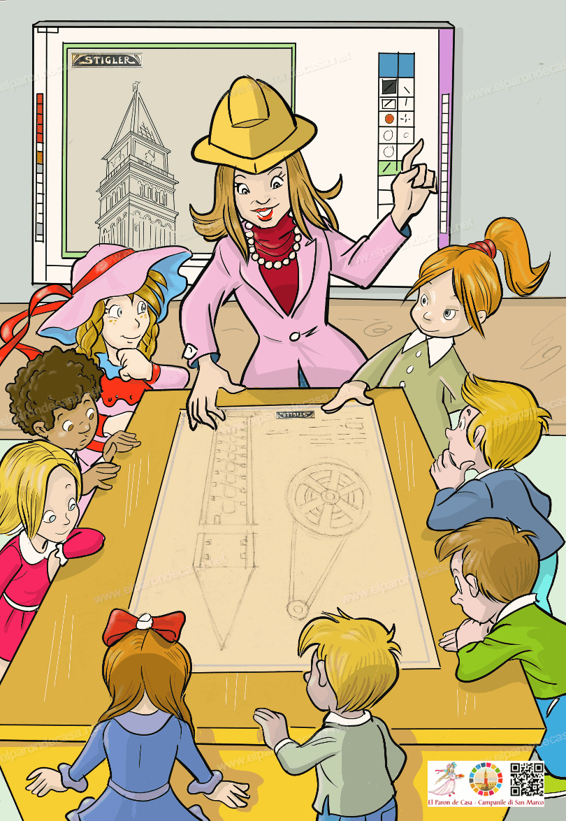 Un'insegnante con un cappello da cantiere mostra un progetto a un gruppo di bambini, che osservano attentamente. Sulla lavagna dietro di lei c'è un'immagine di una torre, mentre il disegno sul tavolo mostra un complesso meccanismo.