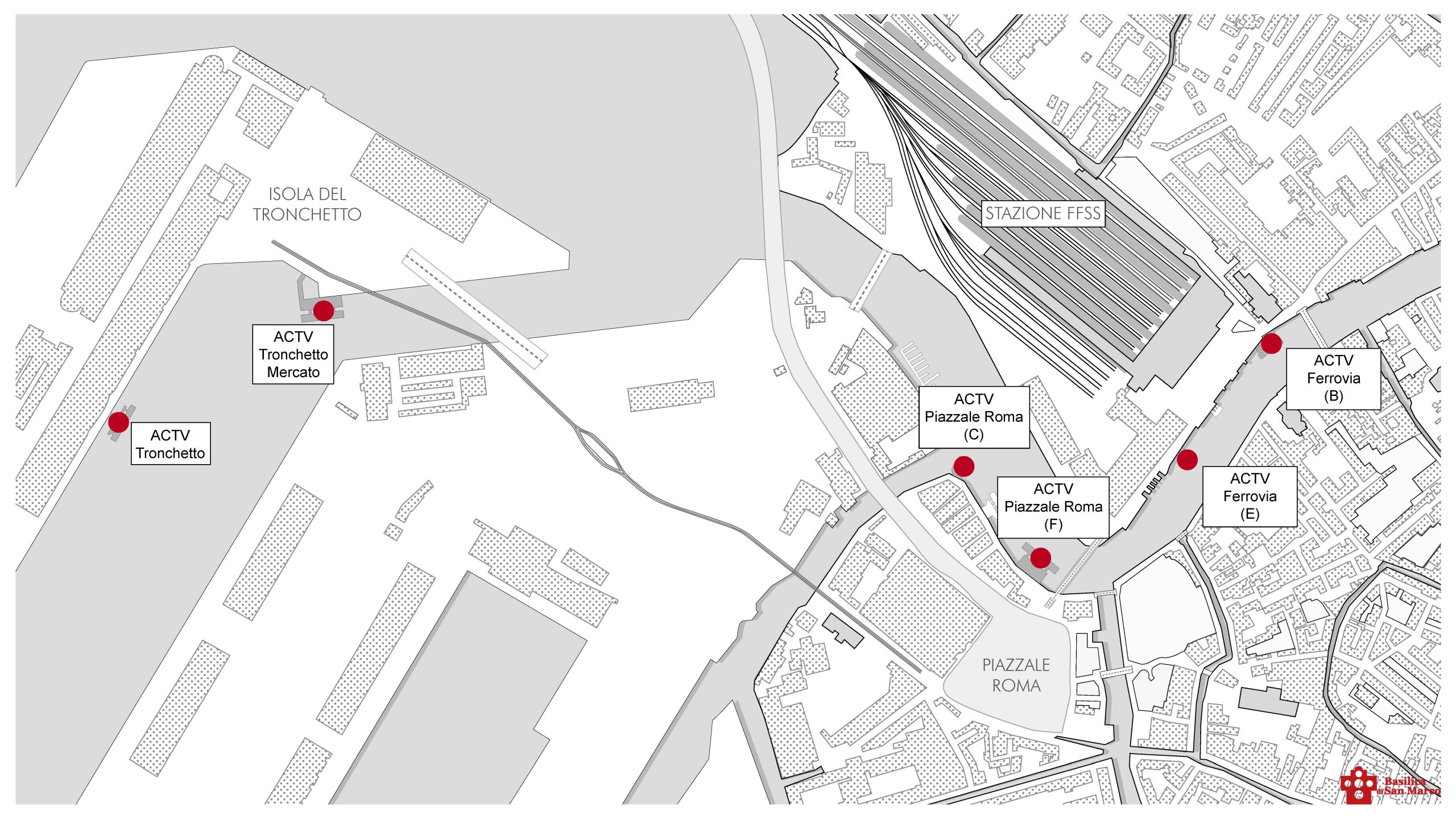 Mappa con le fermate ACTV a Tronchetto e Piazzale Roma, evidenziando stazioni e trasporti pubblici.