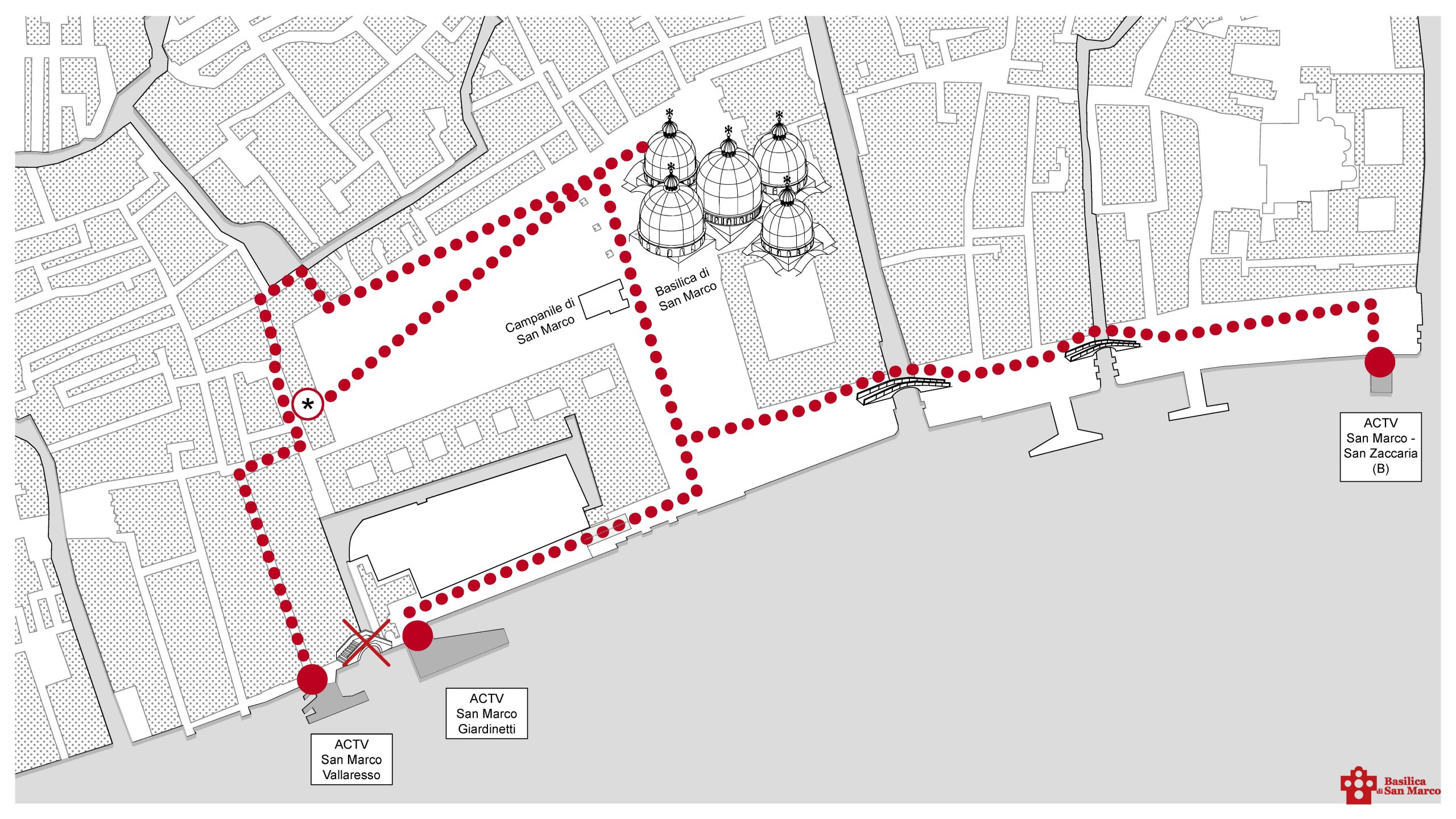 Mappa di Venezia con il percorso evidenziato in rosso, che include la Basilica di San Marco e le fermate ACTV nelle vicinanze.
